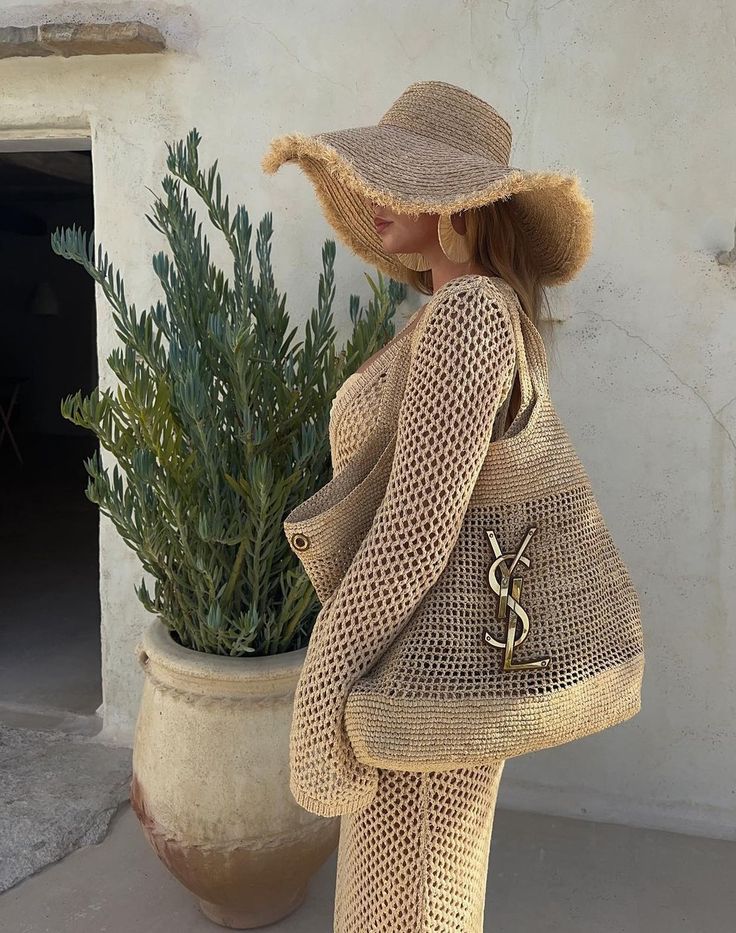 Saint laurent raffia strandtas logo monogram