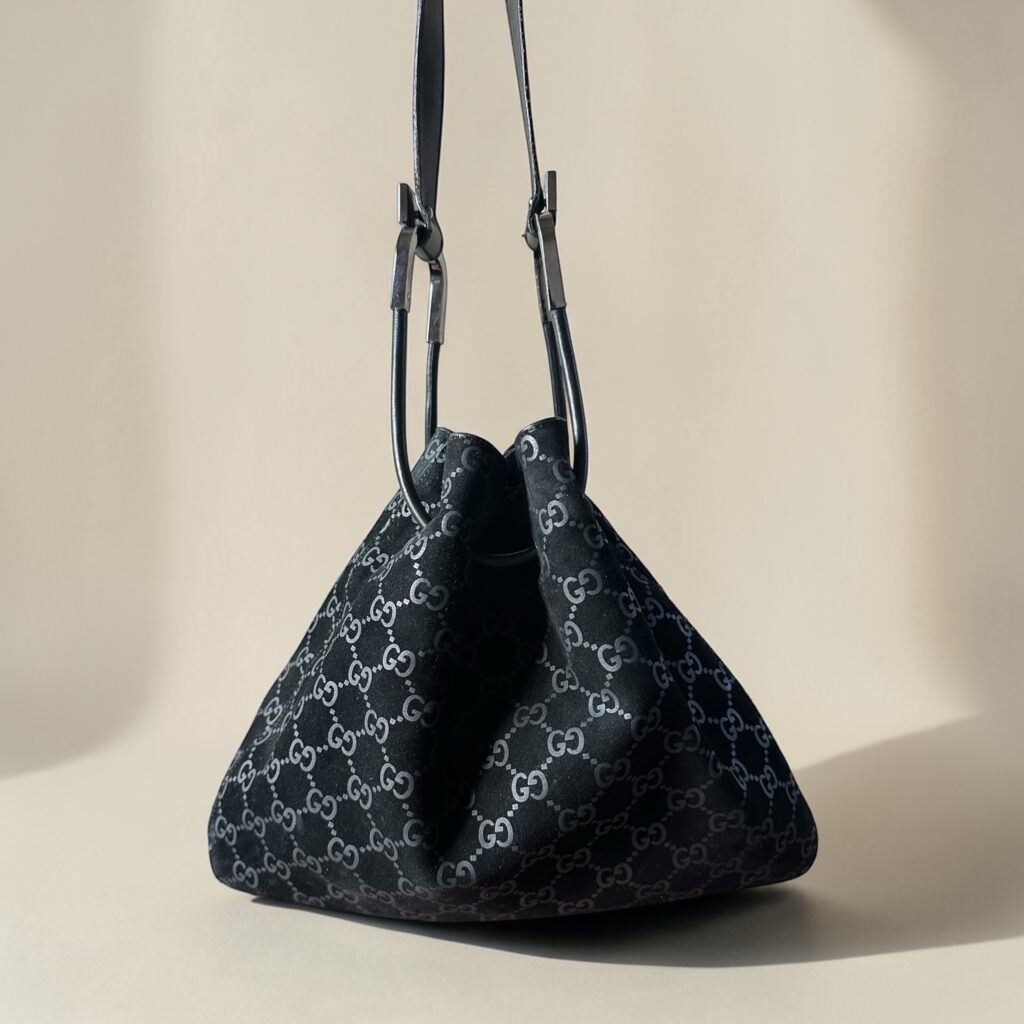 Gucci monogram suede vintage bucket tas
