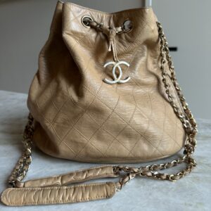 Chanel bucket tas vintage beige leer